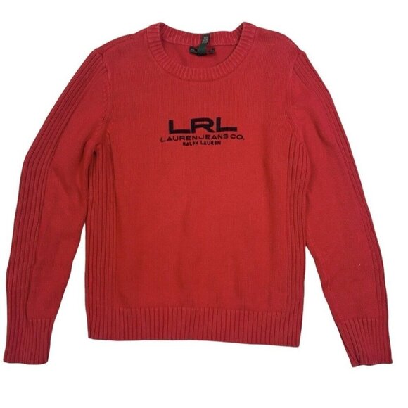 Vtg Lauren Ralph Lauren Sweater Women Medium Red Ribbed Knit Logo Y2K 90s Preppy - Picture 2 of 8